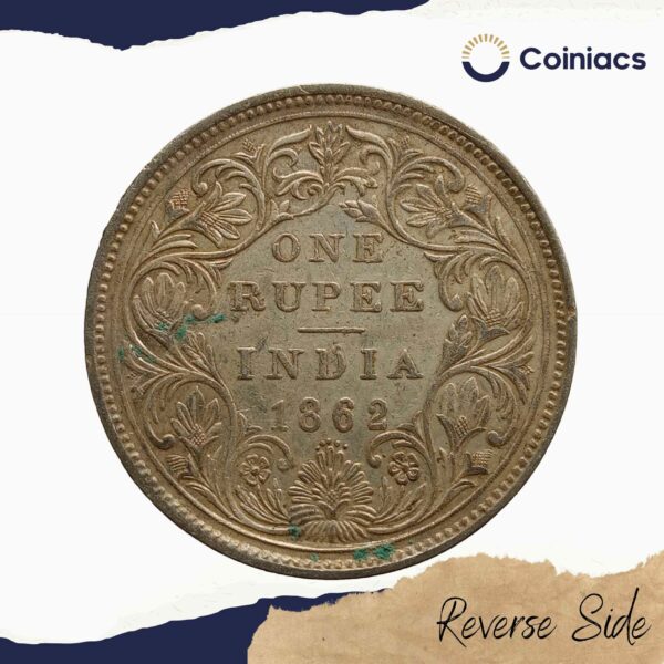 One Rupee Victoria Queen Crowned 1862 CE '5' Dots Variety Silver coin, British India Uniform Coinage, Collectible - Image 3