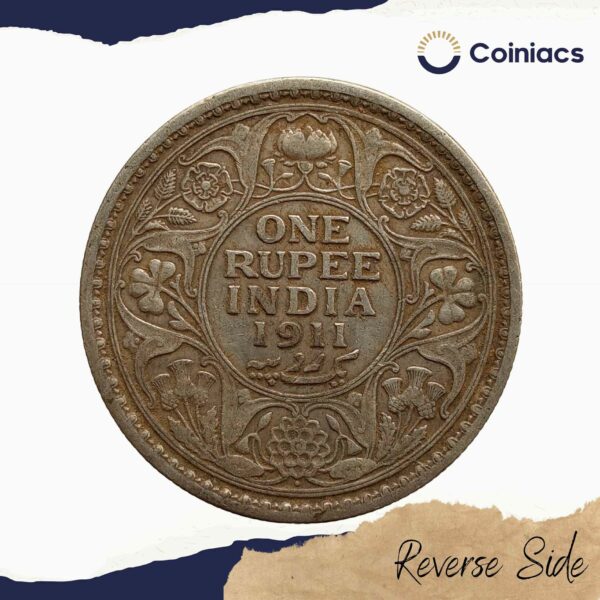 Rare One Rupee George V 1911 CE (Pig Rupee) Silver coin, British India Uniform Coinage, Collectible - Image 3