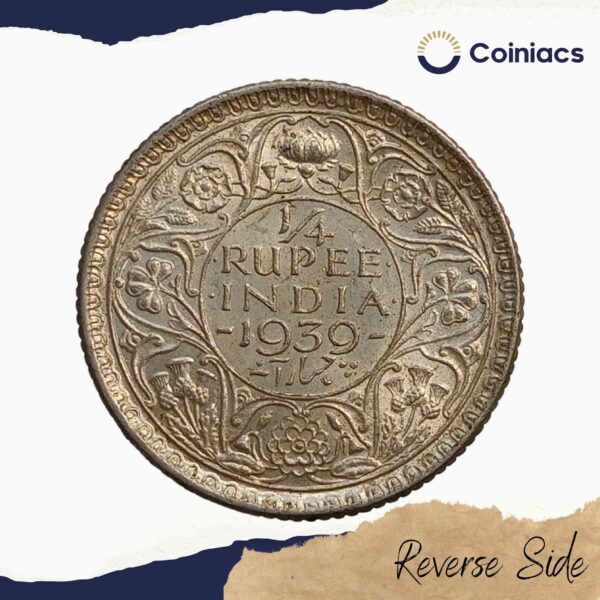 1/4 Rupee George VI 1939 CE Silver Coin, British India Uniform Coinage, UNC - Image 3