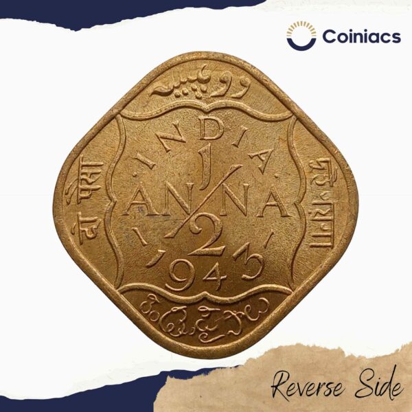 Half Anna George VI 1943 Nickel-Brass Coin, British India Uniform Coinage, UNC - Image 3