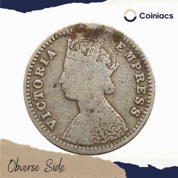 2 Annas Victoria Empress 1889 Silver coin, British India Uniform Coinage, Fine - Image 2