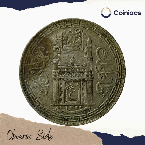 One Rupee Mir Usman Ali Khan (1360-1365 AH 1941-1946 CE) Silver old coin (Note :Usman Ali Type 3), Princely State of Hyderabad, Collectible - Image 2