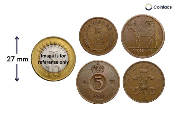 Set of 4 Historic Foreign Bronze Coins (5 Ore Denmark, 5 Ore Norway, 5 Ore Sweden, 2 Pence United Kingdom), Collectible - Image 3