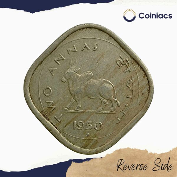Scarce Two Annas Bull 1950 Mumbai Mint Copper-Nickel Coin, Republic India Anna Series, Collectible - Image 3