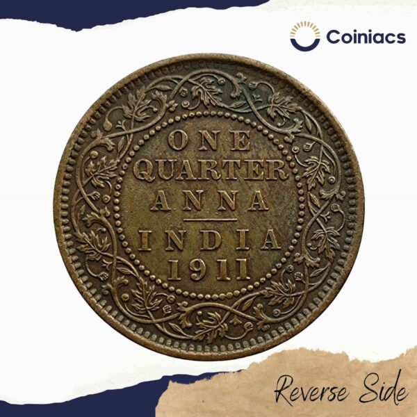 One Quarter Anna George V King Emperor 1911 CE Calcutta Mint Bronze old coin, British India Uniform Coinage, XF - Image 3
