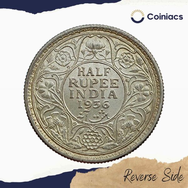 Half Rupee George V King Emperor 1936 Calcutta Mint Silver Coin, British India Uniform Coinage, UNC - Image 3