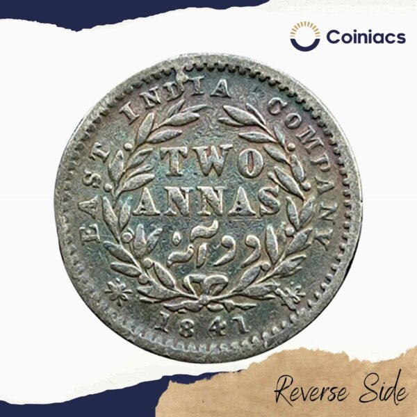 Two Annas Victoria Queen Divided Legend 1841 CE (With Sherif) 9 Berries (5L + 4R) Silver Coin, British India Uniform Coinage, Fine - Image 3