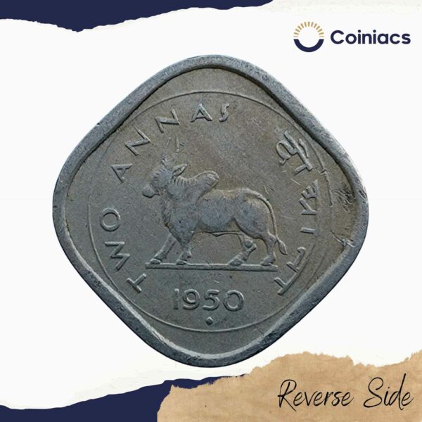 Two Annas (Bull Anna) 1950 Bombay Mint Copper-Nickel coin, Republic India Anna Series, Collectible - Image 3