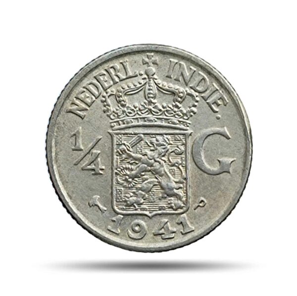 1/4 Gulden Wilhelmina 1942 United States Mint of Philadelphia Silver Old Coin, Netherlands East Indies (Dutch East Indies ) Colony in Indonesia, UNC
