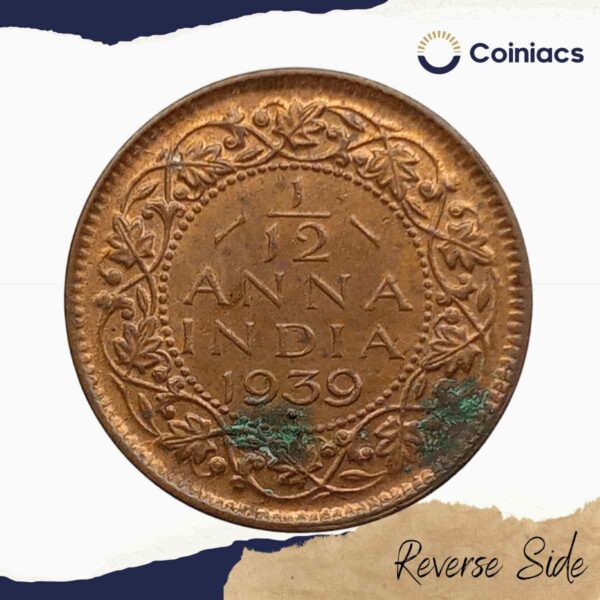 Mule 1/12 Anna George VI King Emperor 1939 Mature Head Bronze Coin, British India Uniform Coinage, UNC - Image 3