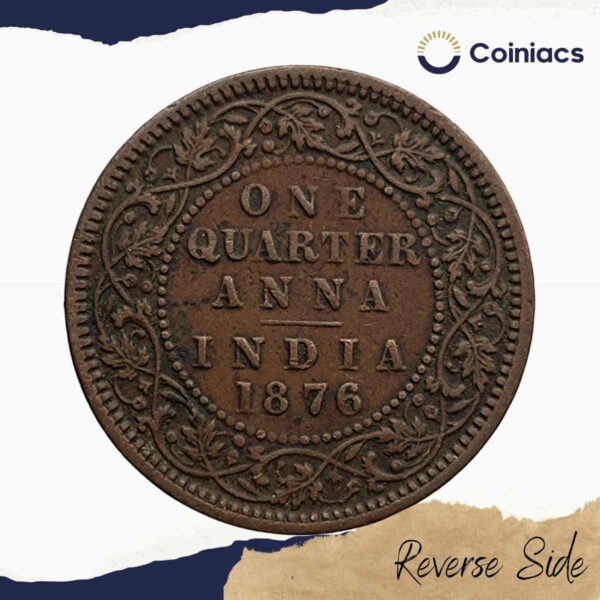 Quarter Anna Victoria Queen 1876 Copper Coin, British India Uniform Coinage, Collectible - Image 3
