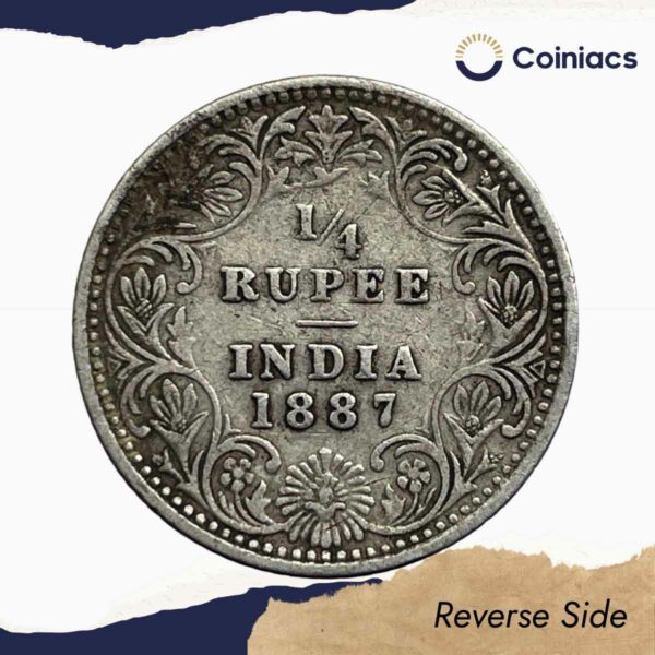 Scarce 1/4 Rupee Victoria Empress 1887 Bombay Mint ('B' Raised) Silver Coin, British India Uniform Coinage, Collectible. - Image 3