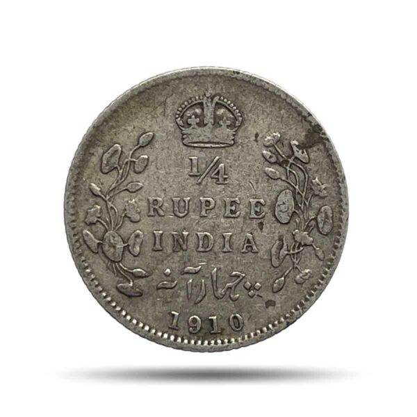 Scarce 1/4 Rupee Edward VII King And Emperor 1910 Calcutta Mint Silver Coin, British India Uniform Coinage, Collectible.