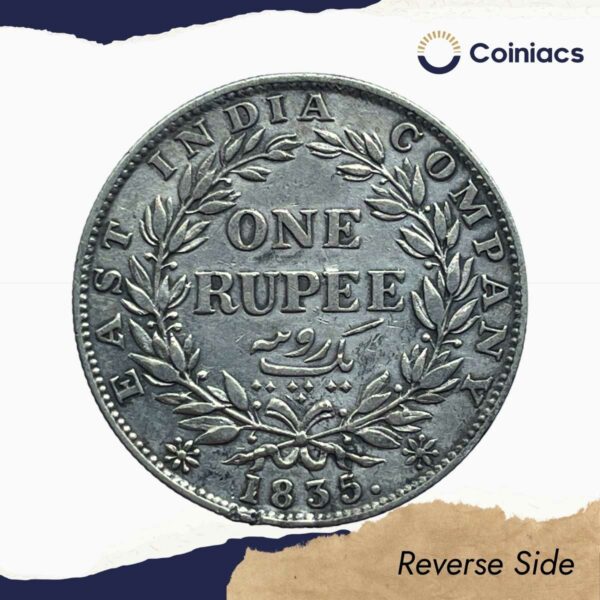 Rare One Rupee William IIII King 1835 'F' Incused (Obv- A, Rev-II) 19 Berries Calcutta Mint Silver Coin, British India Uniform Coinage, Collectible. - Image 3