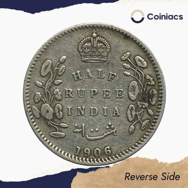 Scarce Half Rupee Edward VII 1906 Calcutta Mint Silver Coin, British India Uniform Coinage, Collectible. - Image 3