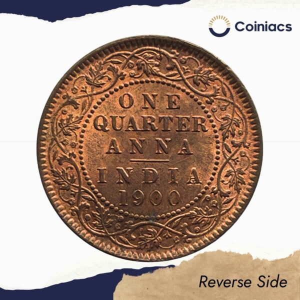 Quarter Anna Victoria Empress 1900 Calcutta Mint Copper Coin, British India Uniform Coinage, UNC. - Image 3
