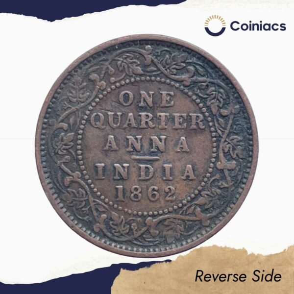 Quarter Anna Victoria Queen 1862 Copper Coin, British India Uniform Coinage, Collectible. - Image 3