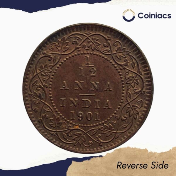 1/12 Anna Victoria Empress 1901 Calcutta Mint Copper Coin, British India Uniform Coinage, Collectible. - Image 3