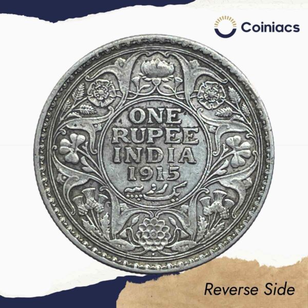Scarce One Rupee George V 1915 CE (Key Date) Bombay Mint Silver coin, British India Uniform Coinage, Collectible. - Image 3