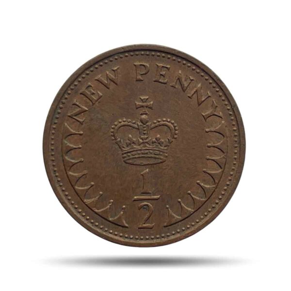 1/2 New Penny Elizabeth II 2nd portrait 1971 Bronze Old Coin, United Kingdom, Collectible.