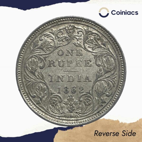 One Rupee Victoria Queen Crowned 1862 '4' Dots Silver Coin, British India Uniform Coinage, Collectible. - Image 3