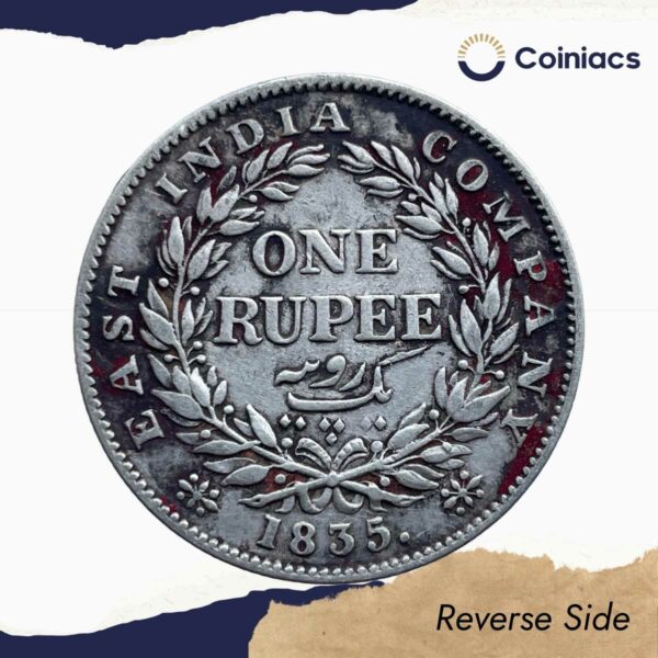 Scarce One Rupee William IIII 1835 Calcutta Mint (Obv-A, Rev-I) Silver Coin, British India Uniform Coinage, Collectible. - Image 3