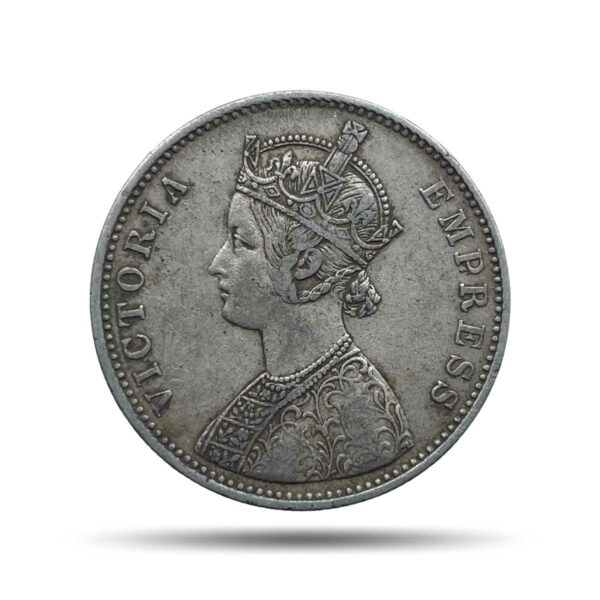 One Rupee Victoria Empress 1877 (Dot) Bombay Mint (Obv-A, Rev-II) Silver Coin, British India Uniform Coinage, Collectible.