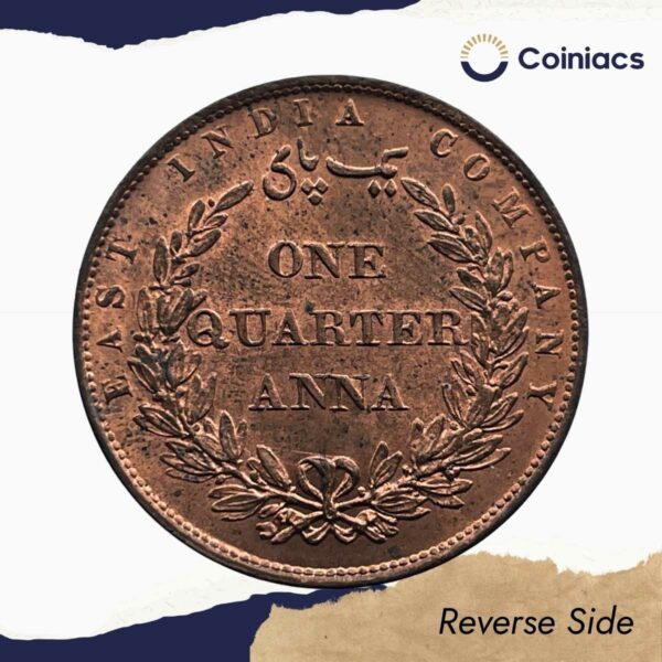 Scarce Quarter Anna East India Company 1858 Copper Coin, British India Uniform Coinage, UNC. - Image 3